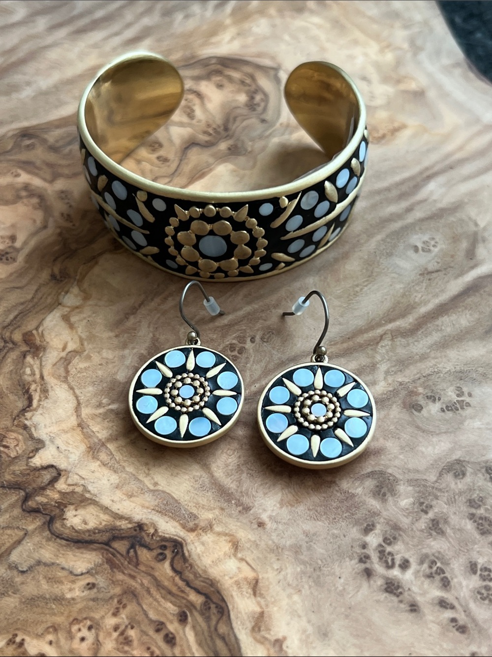 Lucky Brand Gold-Tone Black and White Enamel Cuff and Earrings Set